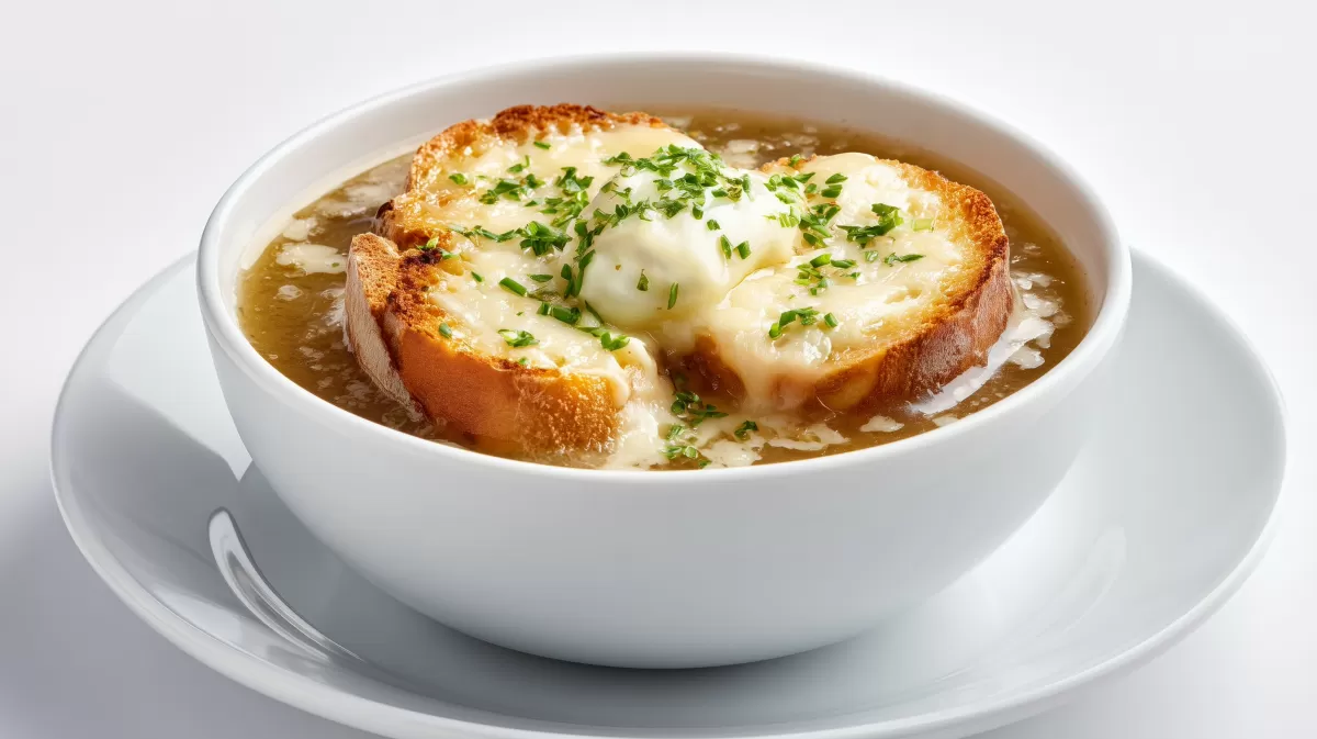 Zwiebelsuppe mit Käsecrotons fo auf weißem Teller