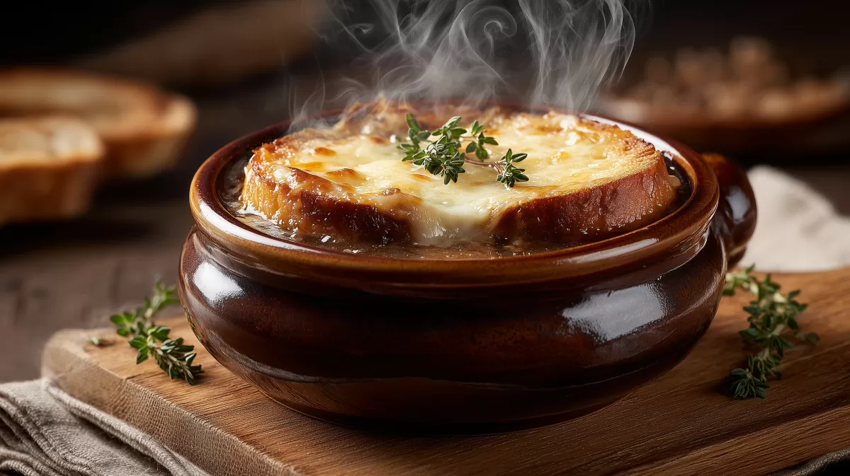 Zwiebelsuppe mit Käsecrotons fo dampfend serviert