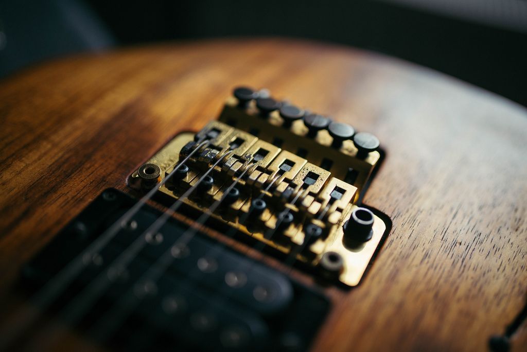 A golden Floyd Rose on an electric guitar (Flip 2019) (Flip 2019) Flip 2019