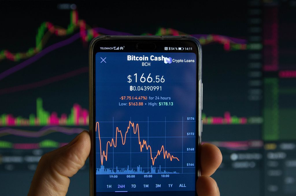 A smartphone displays the Bitcoin Cash market value on the stock exchange