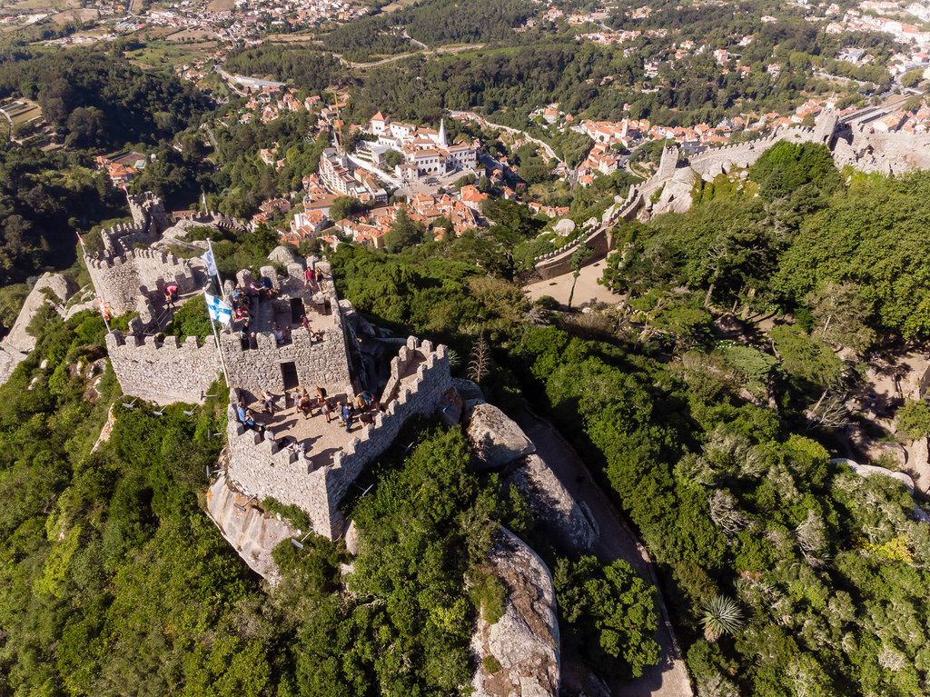 Aerial drone shot of Castelo Dos Mouros