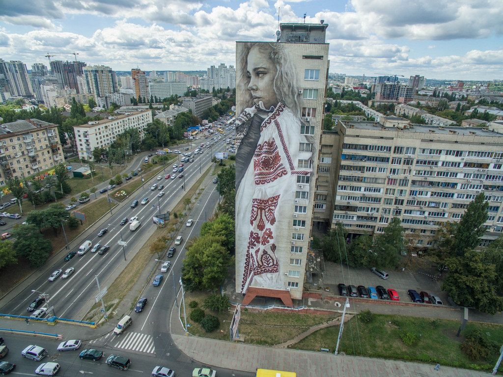 Aerial of Girl with embroidery in Kiev