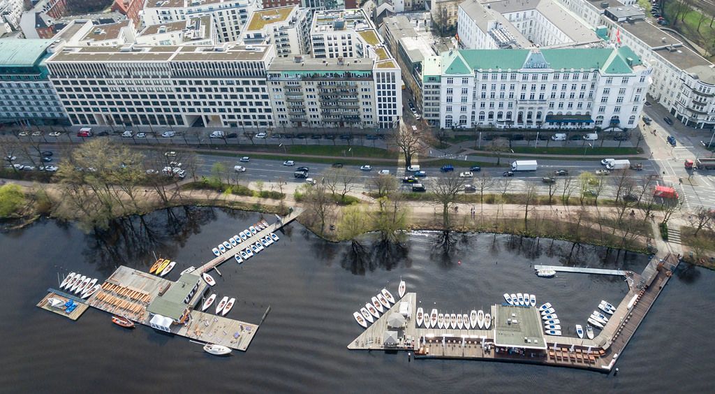 Aerial Picture of Yach Harbour in front of Hotel Atlantic in Hamburg