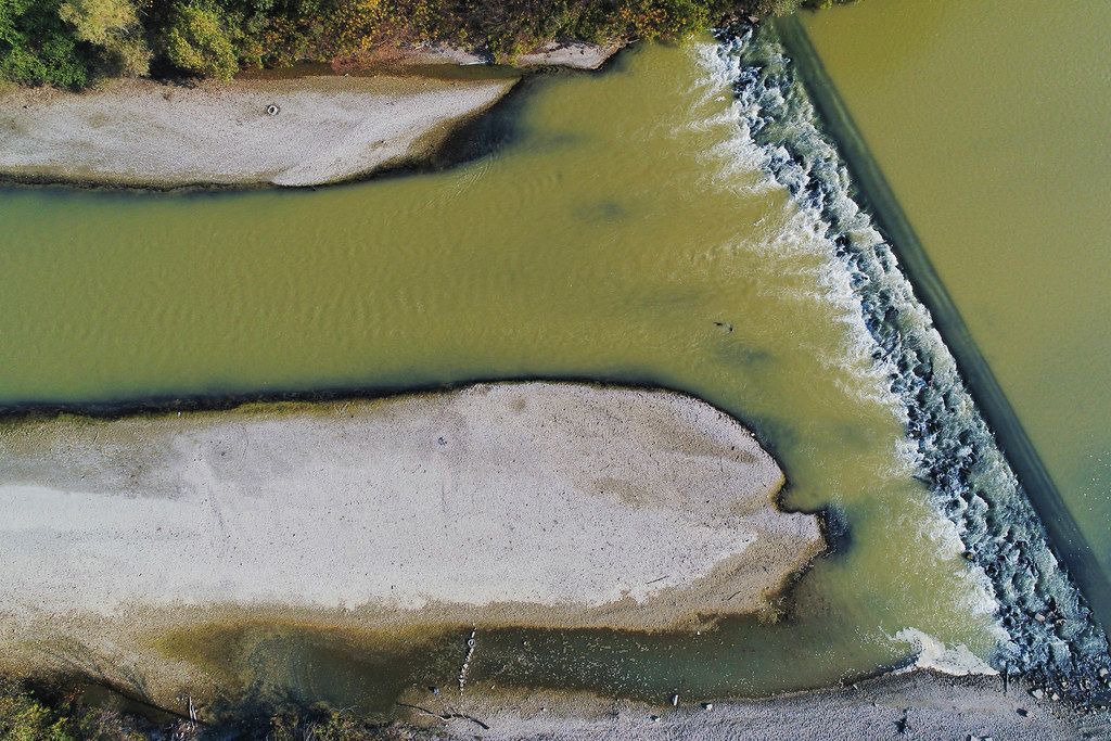 Aerial view of Arges river in Giurgiu County, Romania (Flip 2019)