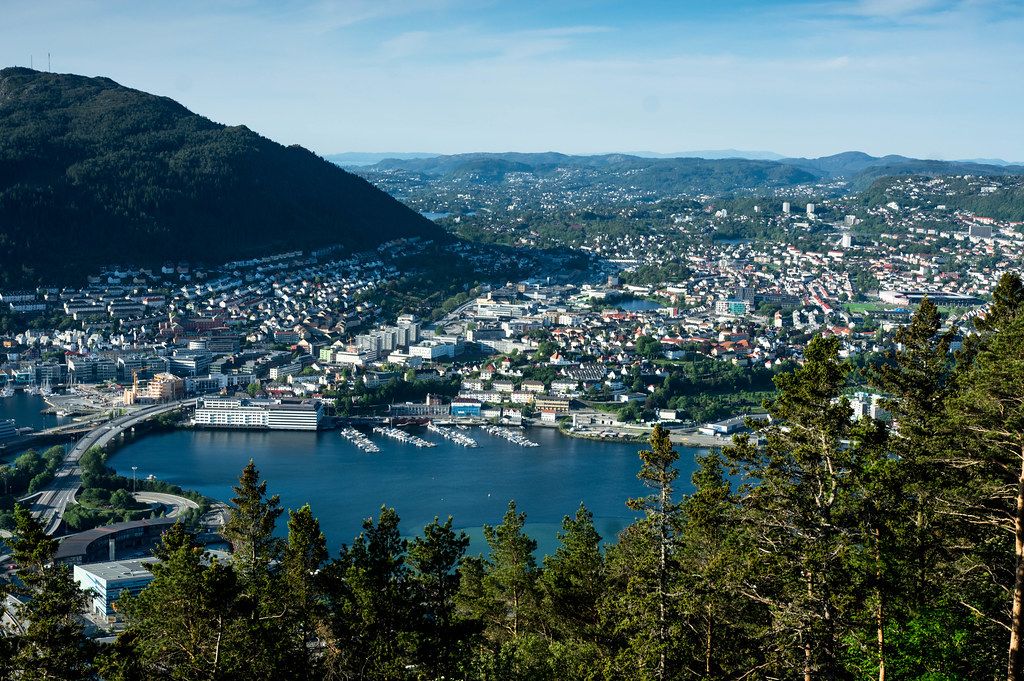 Aerial view of Bergen, Norway with the North Sea and mountains (Flip 2019)
