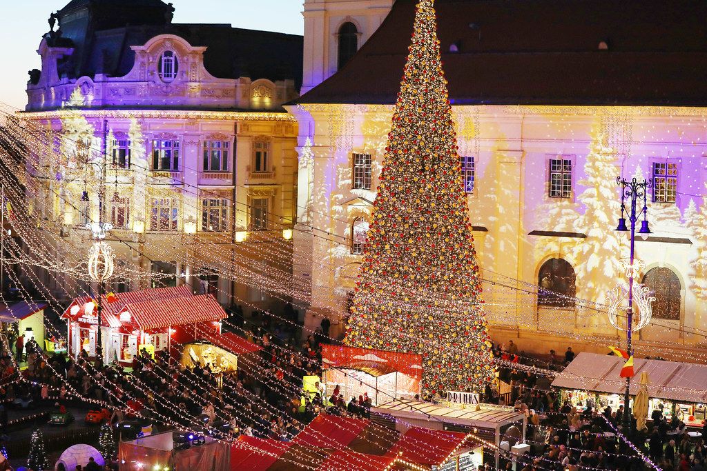 Aerial view of Christmas tree and market