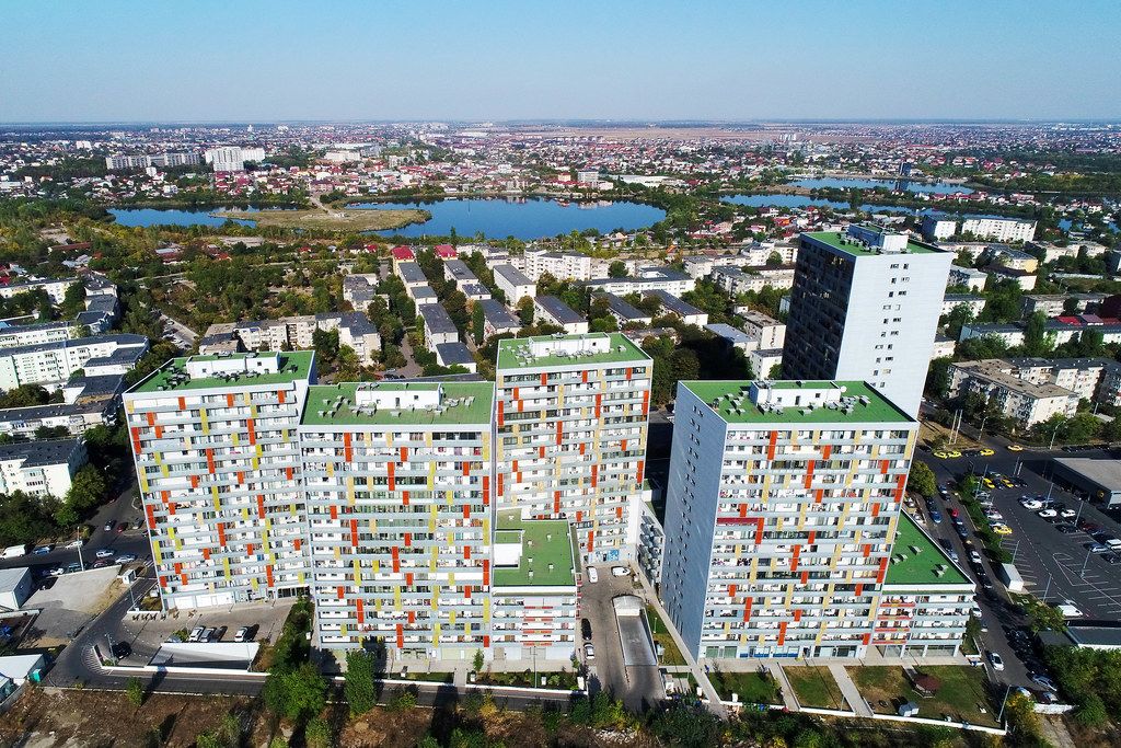 Aerial view of residential area of blocks of flats in Bucharest, Romania