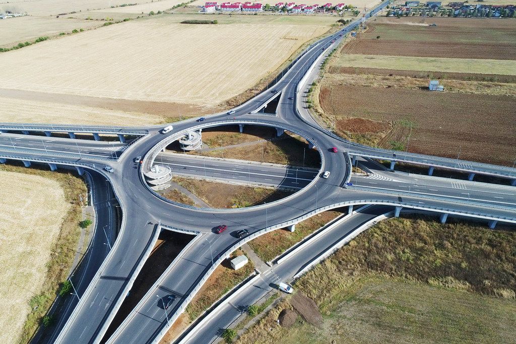 Aerial view of suspended roundabout in Romania, Ploiesti city
