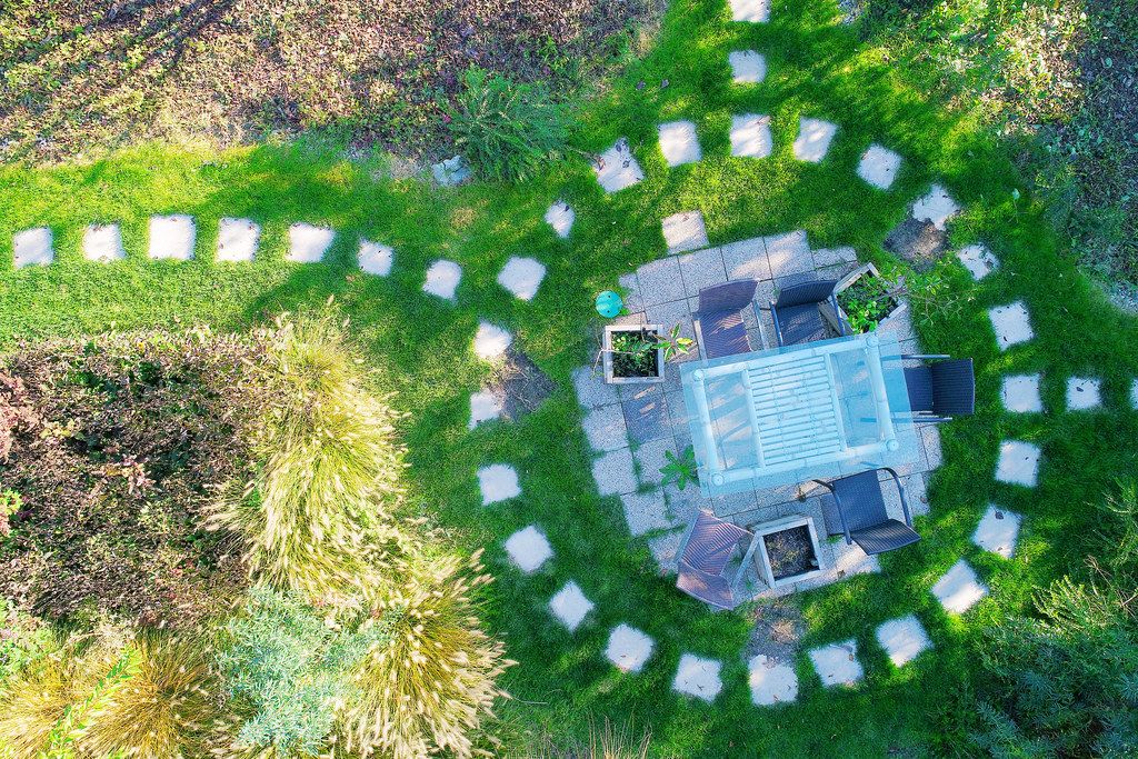 Aerial view of table in the garden
