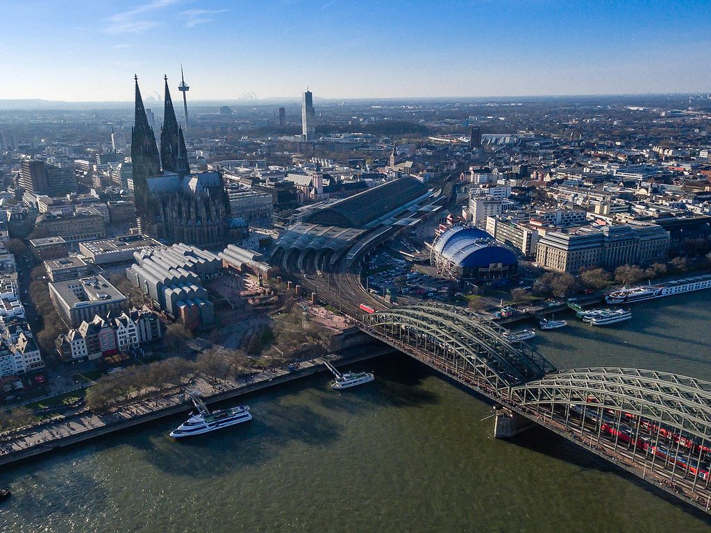 Aerial view of tourist hot spot dome and Rhine river  in Cologne, Germany