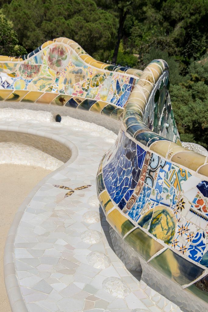 Beautiful mosaics bench in Guell park, Barcelona