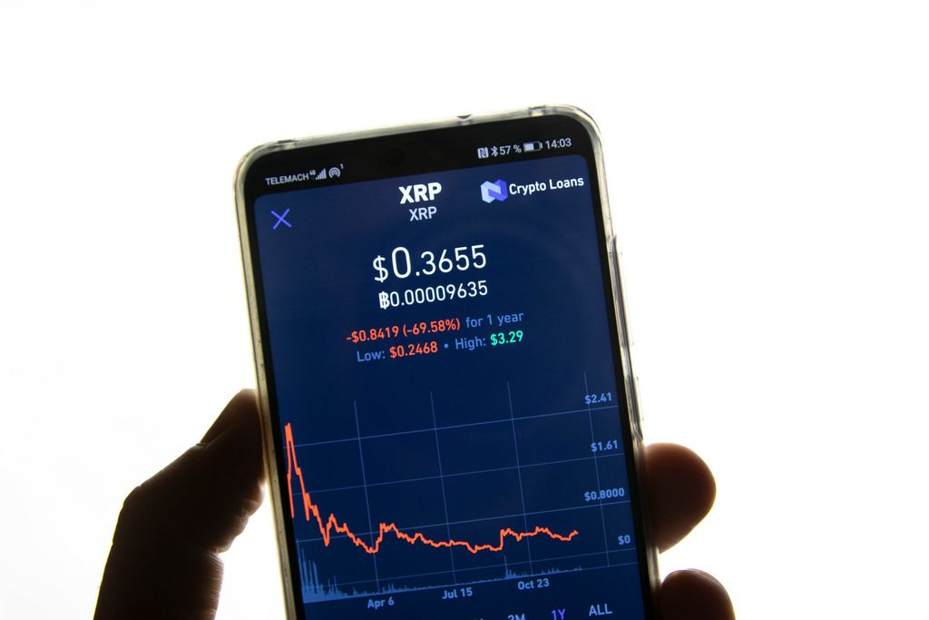 Bildschirm eines Mobiltelefons zeigt Ripple (XRP) Marktwert vor weißem Hintergrund