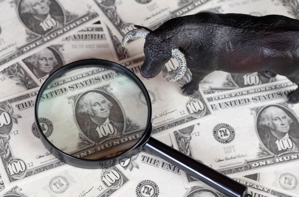 Black bull standing on banknotes with magnifying glass