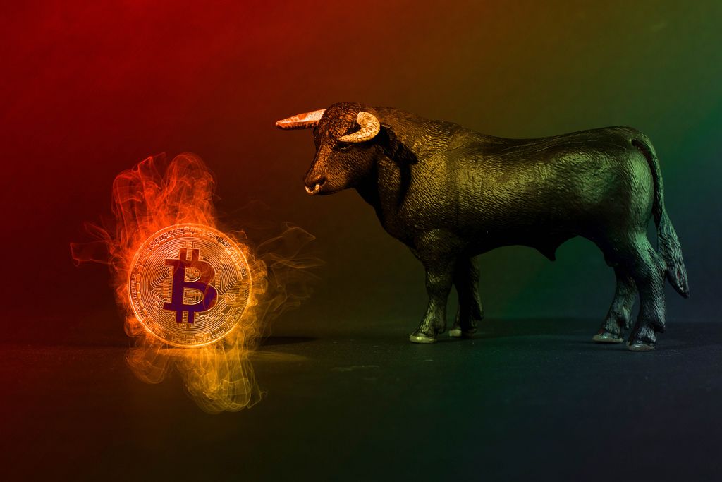 Black bull with Bitcoin in fire on colorfull background