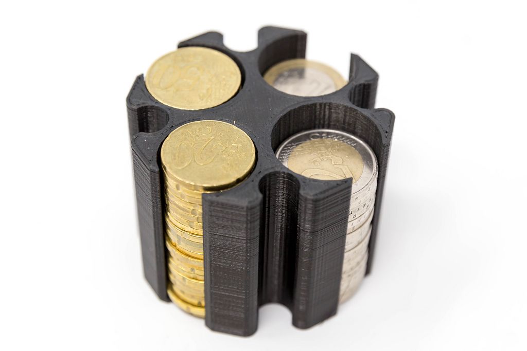 Black coin holder made with a 3D printer for Euro Coins on white ground