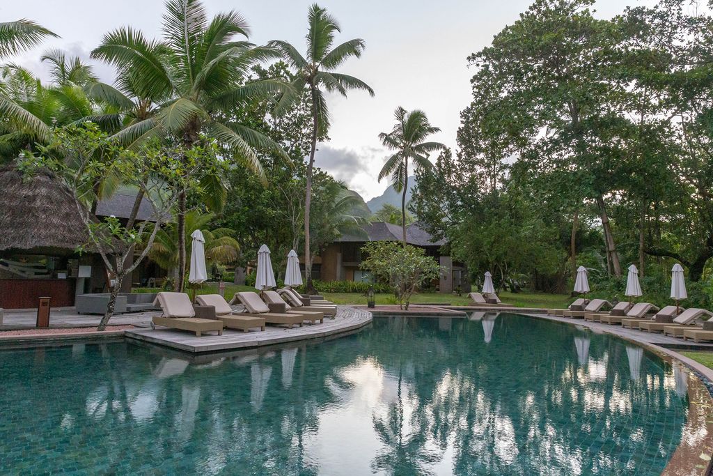 Blau-grüner Pool unter tropischen Palmen mit leeren Sonnenstühlen und Sonnenschirmen des Constance Ephelia Resort auf Mahé, Seychellen