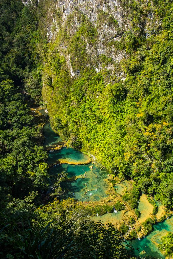 Blick von oben auf Naturschutzgebiet Semuc Champey mit Fluss und bewachsenen Felsen in Guatemala