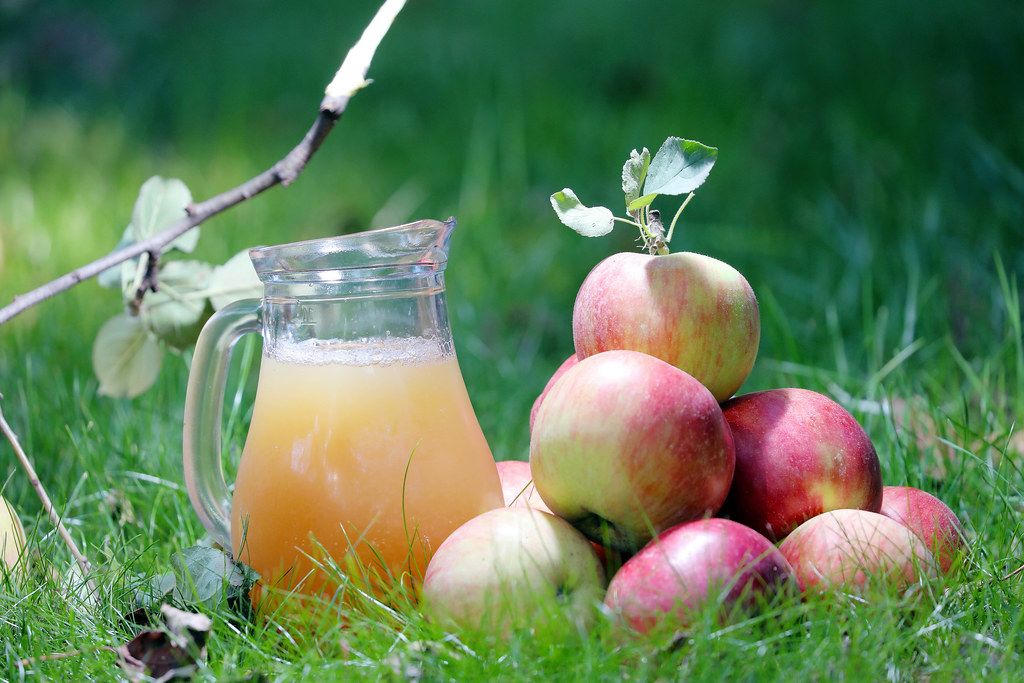 Carafe of apple juice and apples on the grass (Flip 2019)
