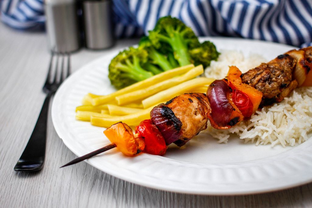 Chicken Kebabs with Vegetables  and Rice