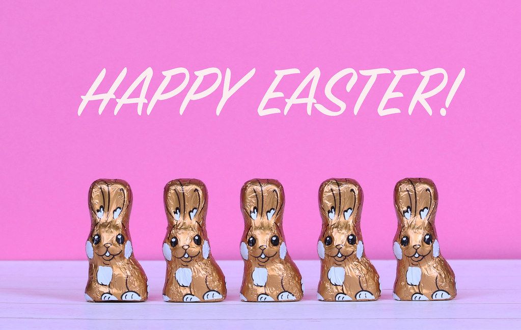Chocolate Easter bunnies with Happy Easter text