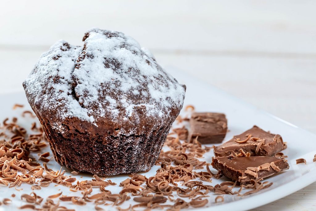 Chocolate muffin with powdered sugar and grated chocolate