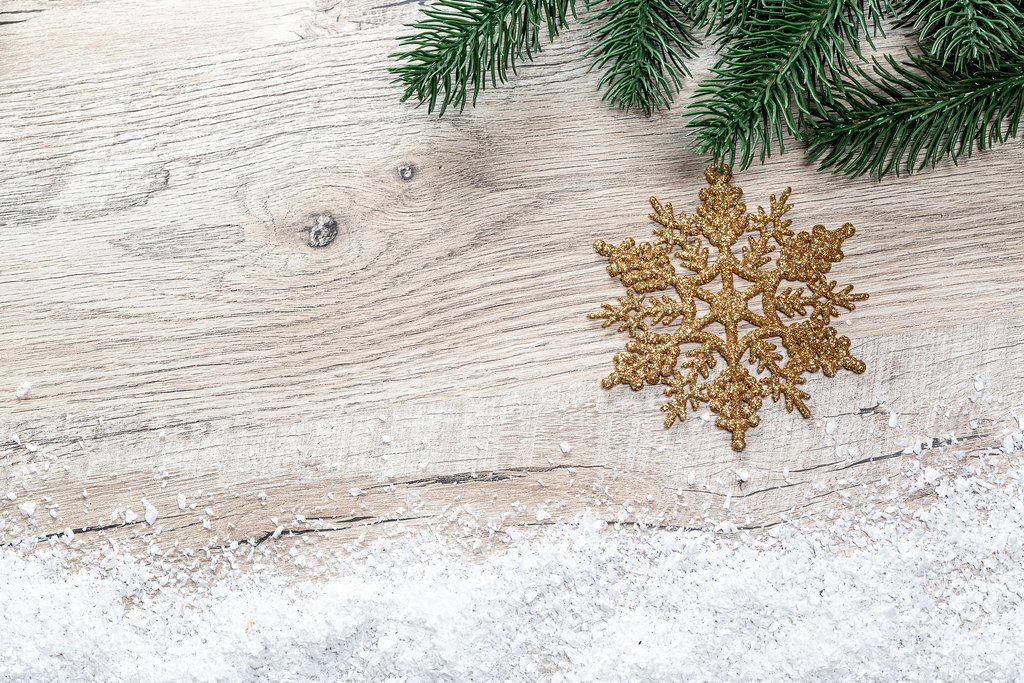 Christmas background with Christmas tree branches, snow and golden snowflake