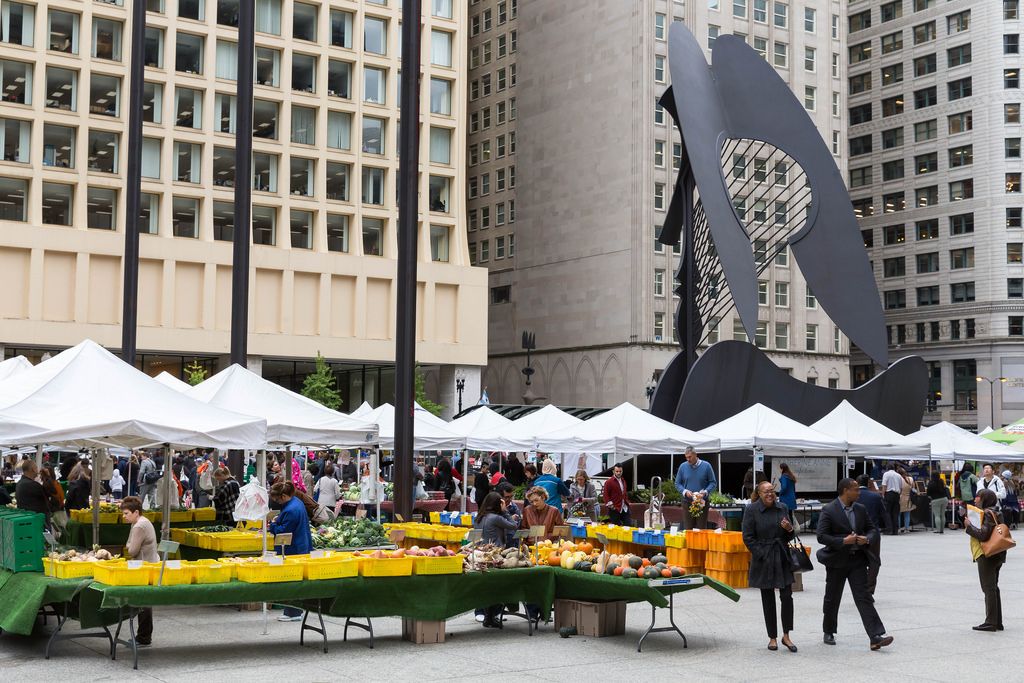 City market and The Chicago Picasso at Daley Plaza in the Chicago Loop