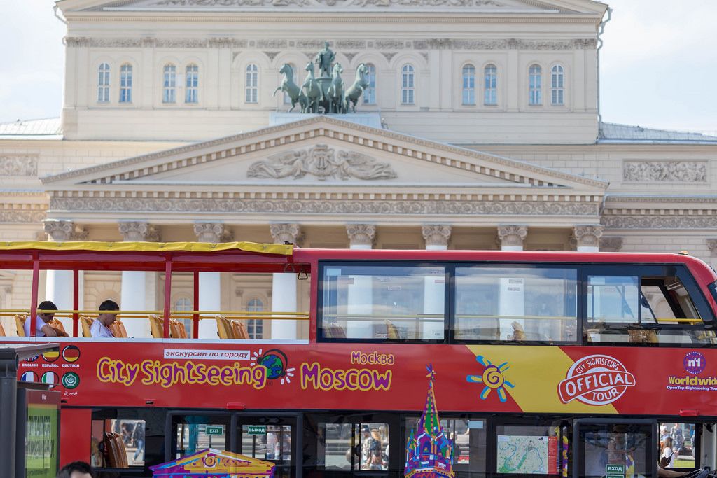 City sightseeing bus in front of Bolshoi Theatre in Moscow