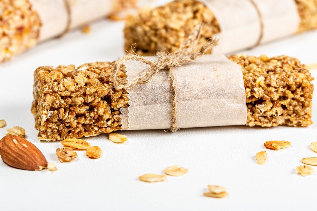 Close-up, granola bar with oatmeal and almonds