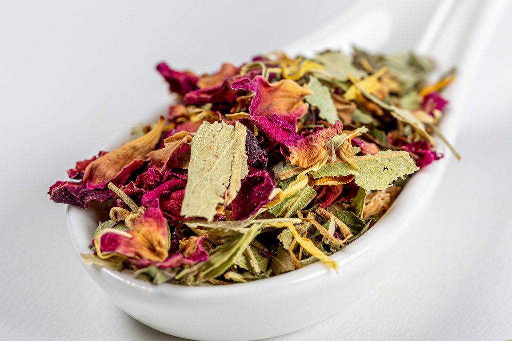 Close-up of Australian green tea with flower petals in a white spoon
