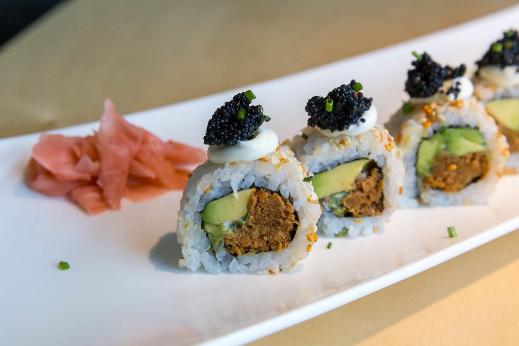 Close-up of vegan sushi and Japanese lunch 