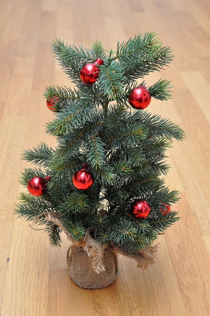 Close Up Photo of Small Christmas Tree with Red Christmas Balls as Decoration on a Wooden Table