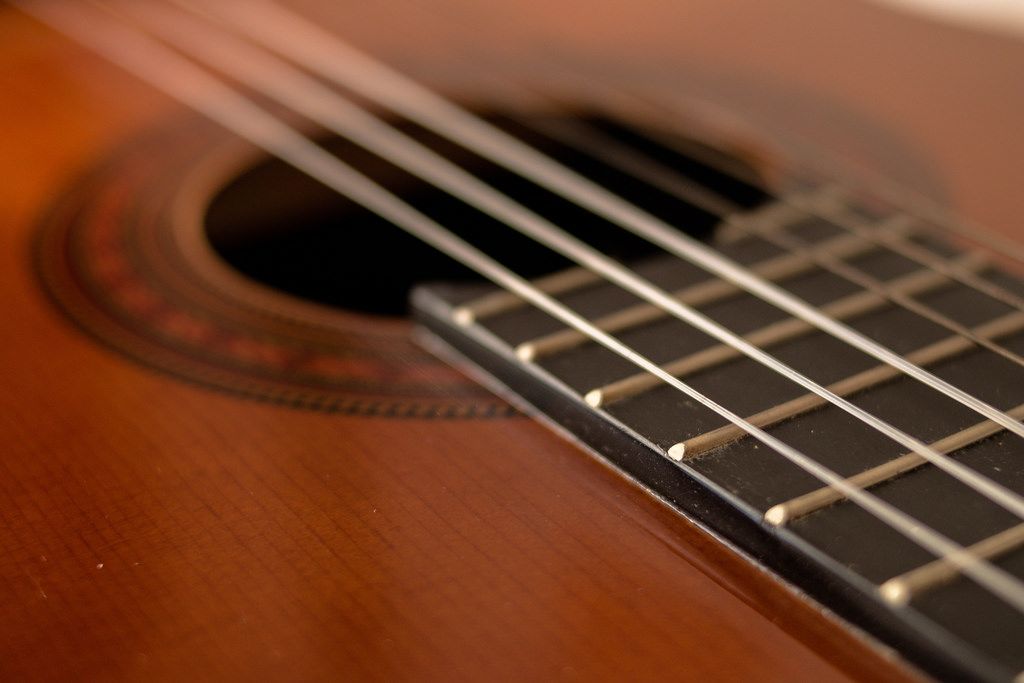 closeup shot of guitar and strings