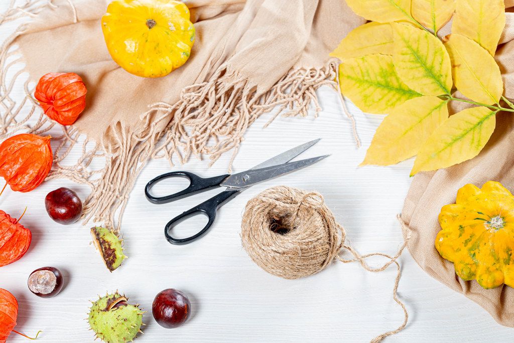 Colorful autumn background with leaves, physalis, scarf, scissors and thread. The concept of preparation for the autumn holidays (Flip 2019)