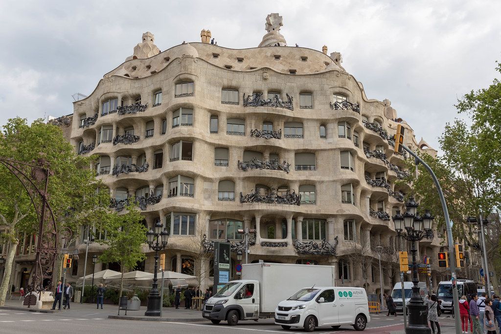 Corner building with conspicuous balcony design Casa Milà (La Pedrera) by Antoni Gaudi in Barcelona, Spain is declared as Unesco World Heritage
