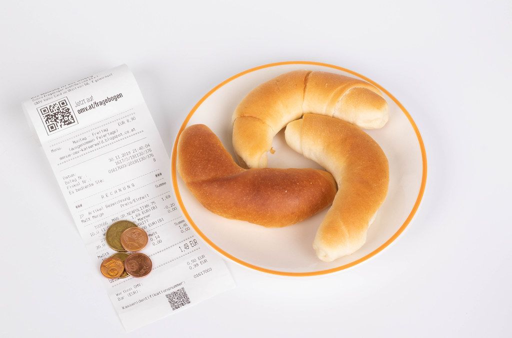Croissants with reciept and coins