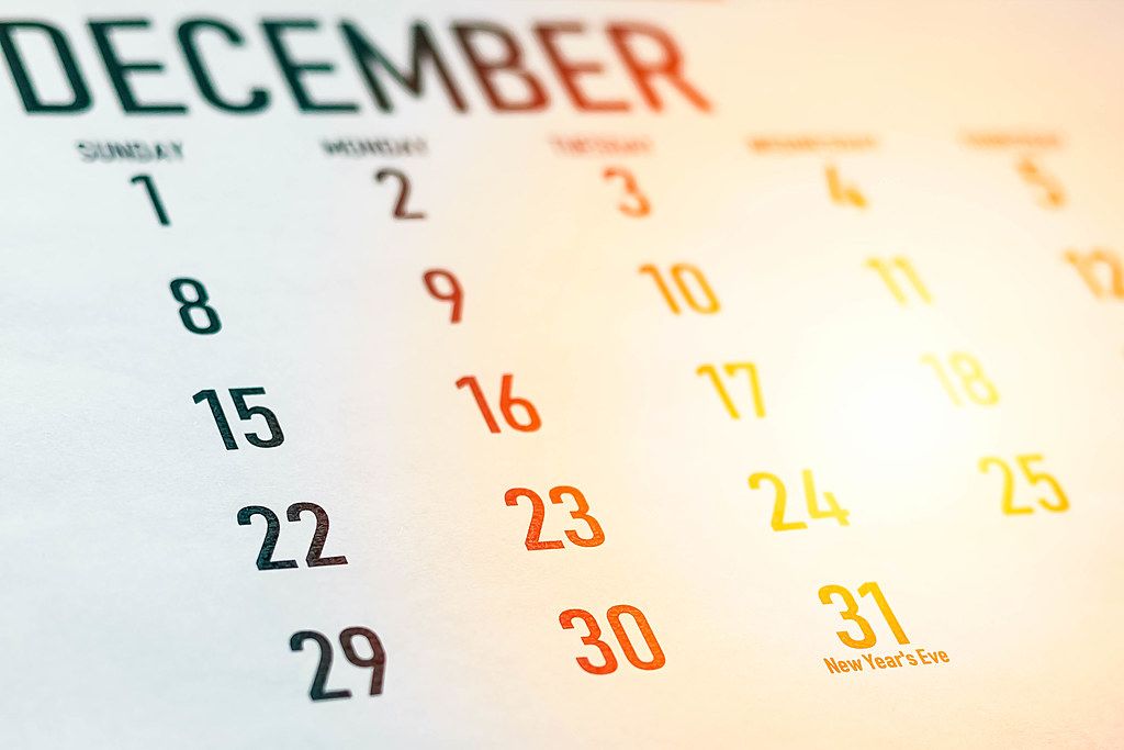 December 2019 calendar. New Year's eve