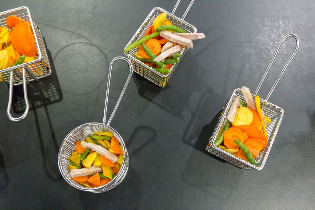 Dehydrated Vegetables in different deep fat fryer baskets