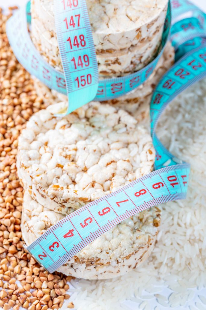 Dietary rice-buckwheat bread with bran and measuring tape