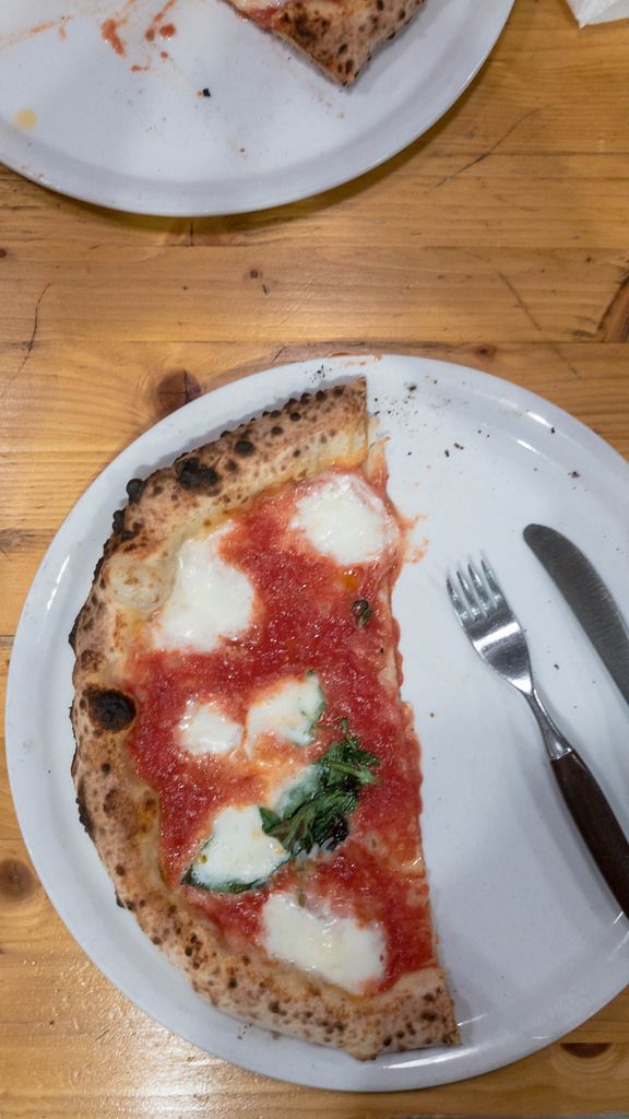Eine Hälfte einer Margherita Pizza auf einem Teller mit Messer und Gabel im 485 Grad in Köln - Aufsicht