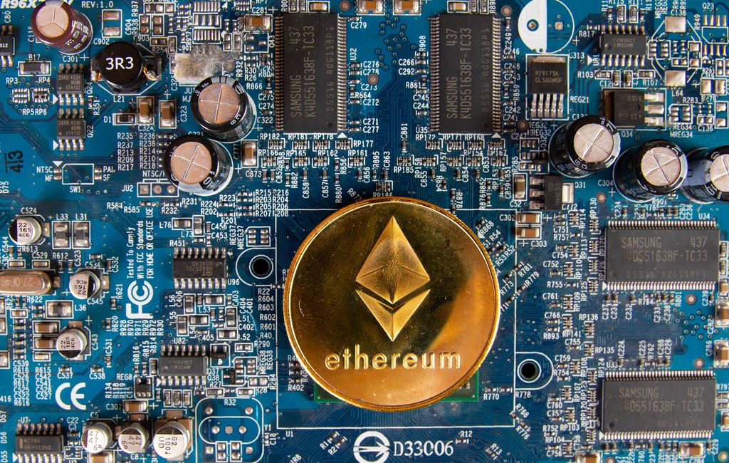 Ethereum coin on a computer mother board