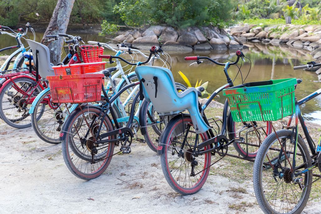 Fahrräder mit Kindersitz und Körben auf Gepäckträger vor einem Teich auf La Digue, Seychellen