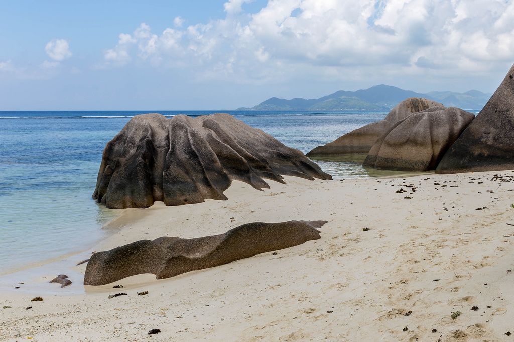 Felsenformation aus Granitstein hinter Palmen an der Küste zum Indischen Ozean des Anse Source d'Argent Strands auf La Digue, Seychellen