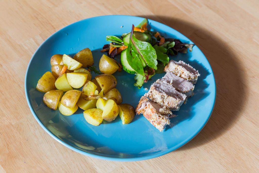 Fillet of pork with potatoes and corn salad