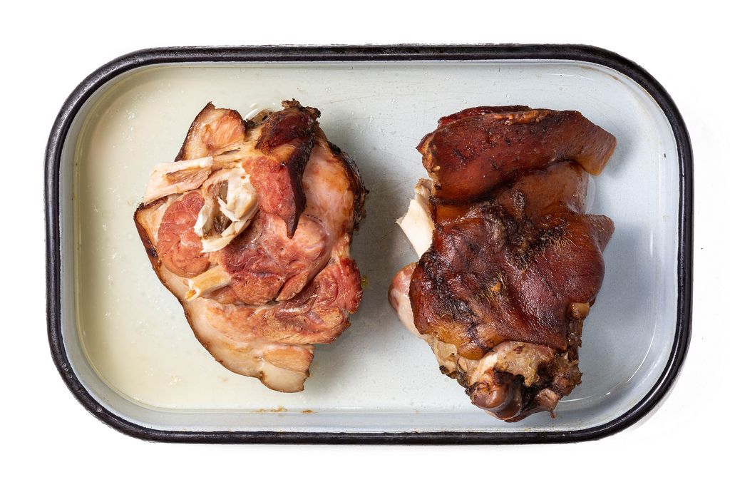 Flat lay above Baked delicious Pork Knuckle
