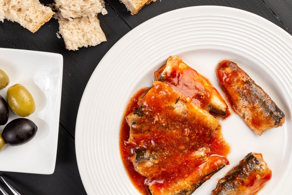 Flat lay above Sardines Fish in tomato sauce