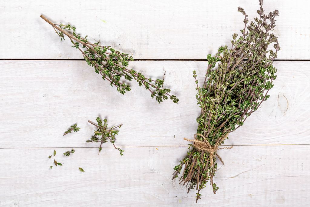 Food background of herb thyme on white kitchen table from above
