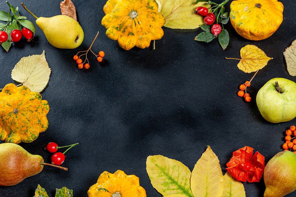 Frame with yellow leaves, fruits, vegetables and berries on black background with free space