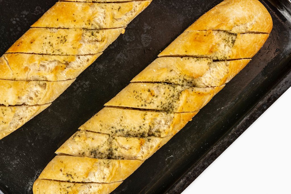 Fresh baked Bread Bruschetta on the baking tray (Flip 2019)
