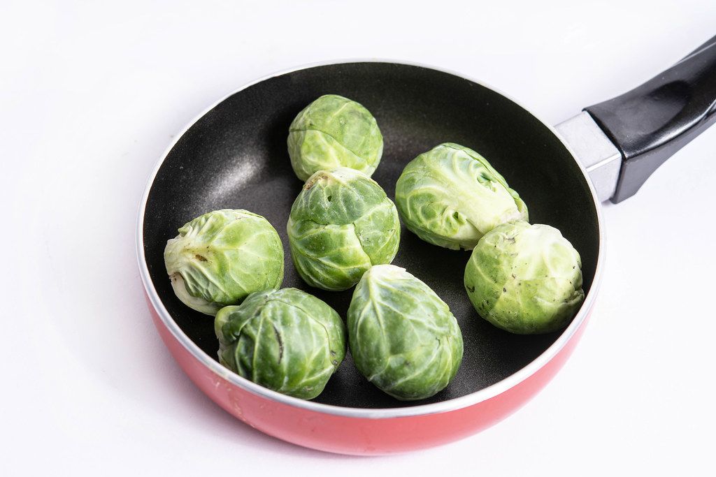 Fresh raw healthy Brussel Sprouts in the frying pan
